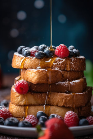 A stack of french toast with syrup and berries. Generative AI image.の素材