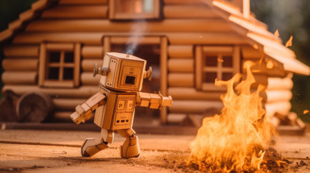 A cardboard robot standing in front of a fire. Generative AI image.の素材