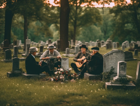 A group of men sitting on top of a cemetery. Generative AI image.の素材