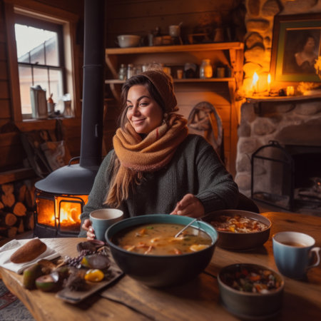 A woman sitting at a table with a bowl of soup. Generative AI image.の素材