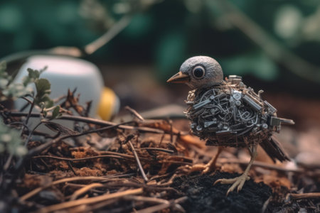A small bird sitting on top of a pile of dirt. Generative AI image.の素材