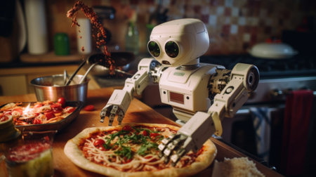 A robot that is standing over a pizza. Generative AI image.の素材