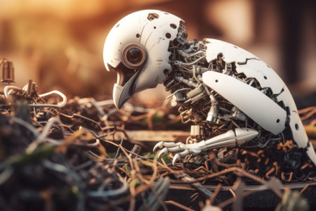 A robot bird sitting on top of a pile of junk. Generative AI image.の素材