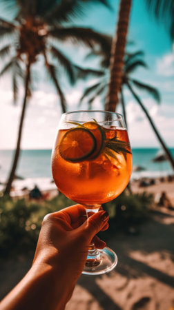A person holding a wine glass on a beach. Generative AI image.の素材