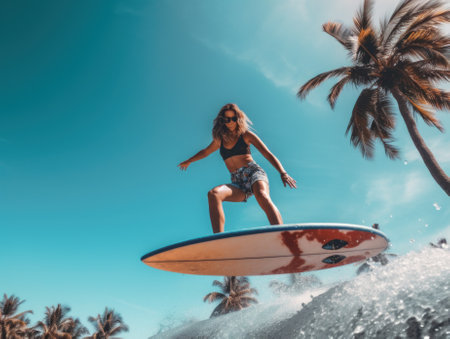 A woman riding a surfboard on top of a wave. Generative AI image.の素材