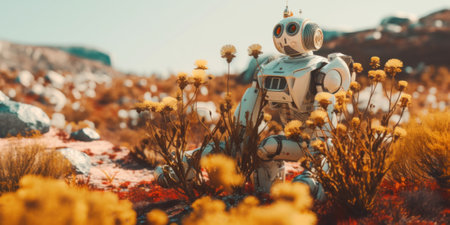A robot standing in a field of yellow flowers. Generative AI image.の素材