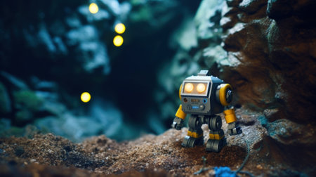 A toy robot sitting on top of a rock. Generative AI image.の素材