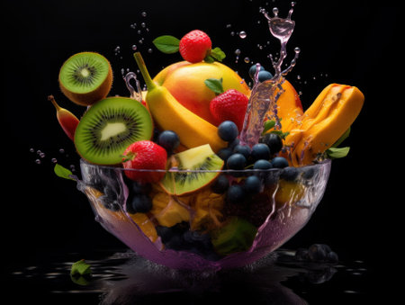 A glass bowl filled with lots of fruit. Generative AI image.の素材