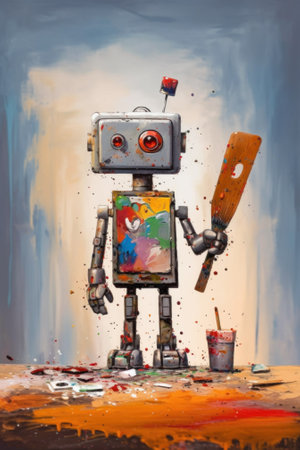A painting of a robot holding a paintbrush. Generative AI image.の素材