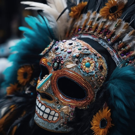 A close up of a mask with feathers on it. Generative AI image.の素材