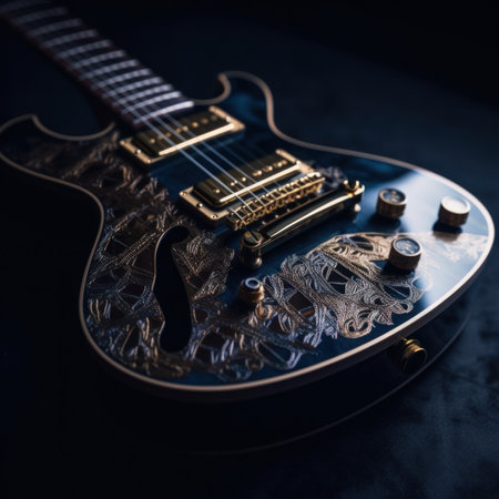 A close up of a guitar on a table. Generative AI image.の素材