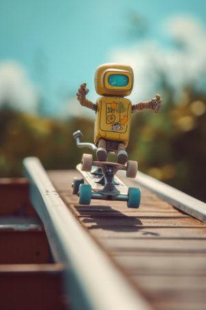 A toy robot riding a skateboard on a rail. Generative AI image.の素材