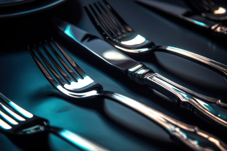 A close up of silverware on a table. Generative AI image.の素材