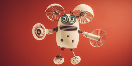 A white robot with large eyes holding a fan. Generative AI image.の素材