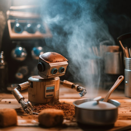 A robot that is sitting on a table. Generative AI image.の素材