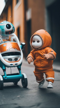 A small toy robot and a baby doll walking down a street. Generative AI image.の素材