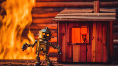 A toy robot standing in front of a fire. Generative AI image.の素材