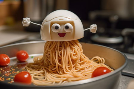 A bowl of spaghetti with a face on top of it. Generative AI image.の素材