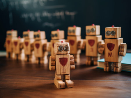 A group of wooden robots standing in front of a blackboard. Generative AI image.の素材