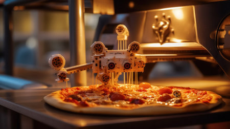 A pizza being made with legos in a pizza oven. Generative AI image.の素材