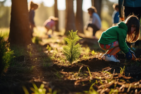 A little girl kneeling down in the dirt. Generative AI image.の素材