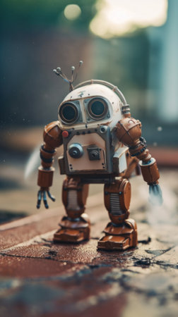 A toy robot is standing on the ground. Generative AI image.の素材