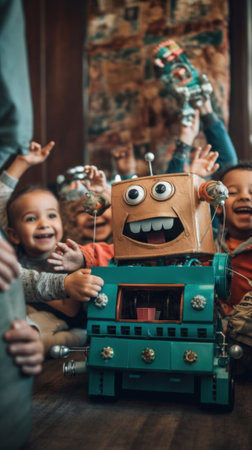 A group of children playing with a toy robot. Generative AI image.の素材