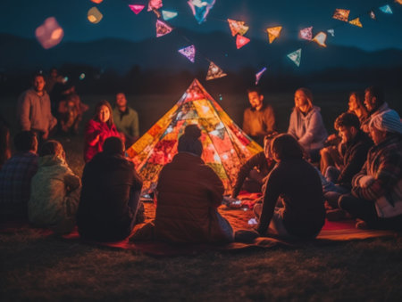 A group of people sitting around a campfire. Generative AI image.の素材