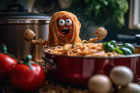 A red pot filled with spaghetti and vegetables. Generative AI image.の素材