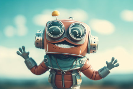 A toy robot with goggles on his head. Generative AI image.の素材