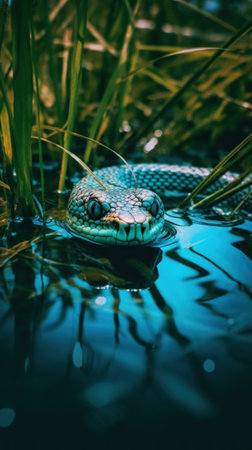 A snake in the water with grass in the background. Generative AI image.の素材