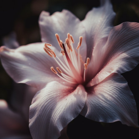 A close up of a pink flower on a black background. Generative AI image.の素材