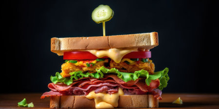 A close up of a sandwich on a table. Generative AI image.の素材