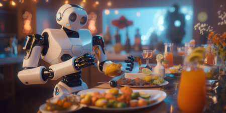 A robot that is standing in front of a plate of food. Generative AI image.の素材
