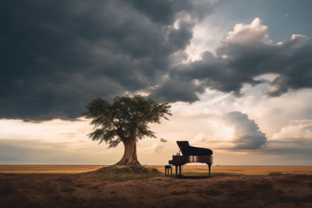 A piano sitting under a tree in a field. Generative AI image.の素材