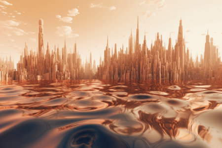 A futuristic city in the middle of a lake. Generative AI image.の素材