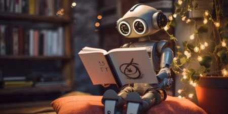 A robot reading a book in a living room. Generative AI image.の素材