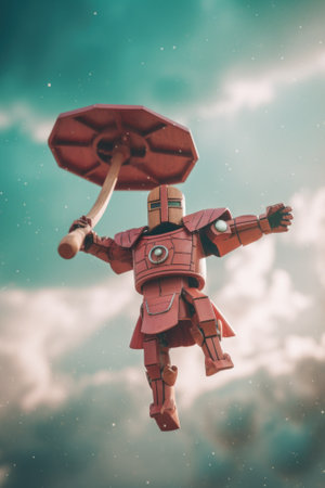 A red robot holding an umbrella in the sky. Generative AI image.の素材