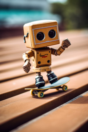A toy robot riding a skateboard on a wooden bench. Generative AI image.の素材