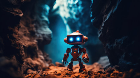 A toy robot is standing in a cave. Generative AI image.の素材