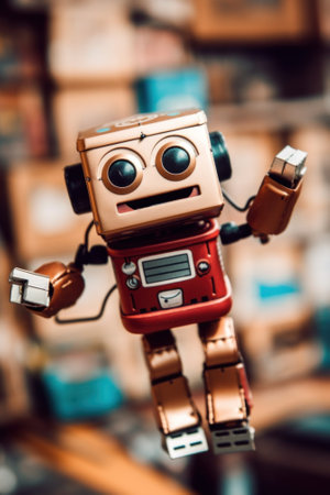 A toy robot with a cell phone in its hand. Generative AI image.の素材