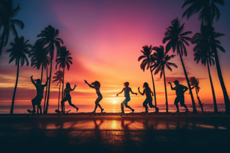 A group of people jumping in the air on a beach. Generative AI image.の素材