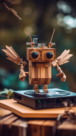 A toy robot is sitting on top of a cd player. Generative AI image.の素材