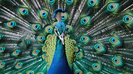 A close up of a peacock with its feathers spread. Generative AI image.の素材