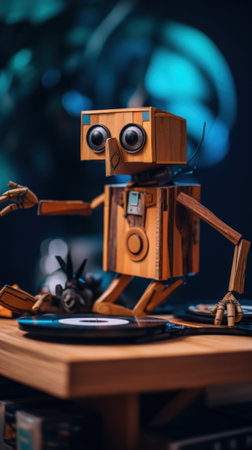 A toy robot sitting on top of a wooden table. Generative AI image.の素材