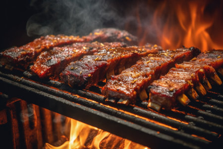 Ribs cooking on a grill with flames in the background. Generative AI image.の素材