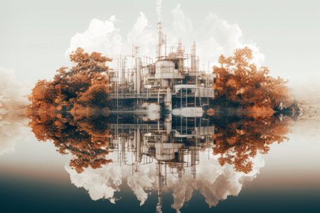 A picture of a factory with smoke coming out of it. Generative AI image.の素材