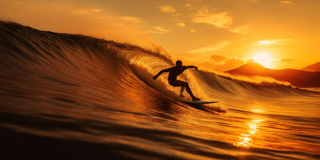 A man riding a wave on top of a surfboard. Generative AI image.の素材