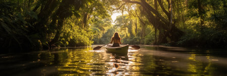 A woman paddling a canoe down a river. Generative AI image.の素材
