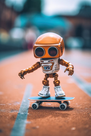 A toy robot riding a skateboard on a track. Generative AI image.の素材